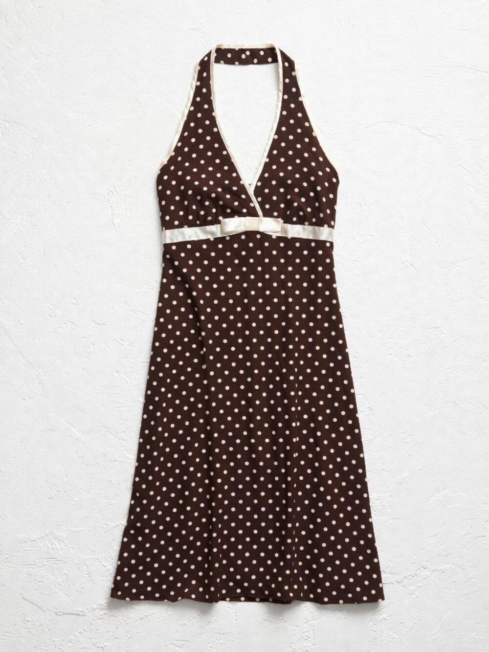Vintage Brown Polka Dot Halter Midi Dress L Satin Bow Fairycore